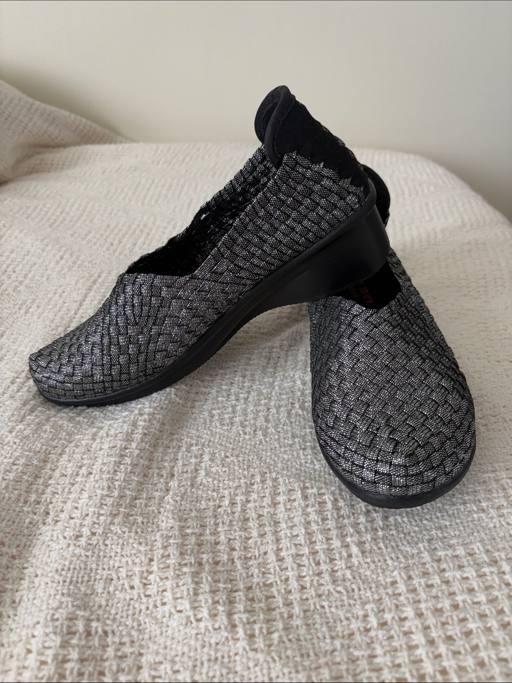 bernie mev. silver and black woven wedges. Women’s size 37 (US 6.5 - 7)